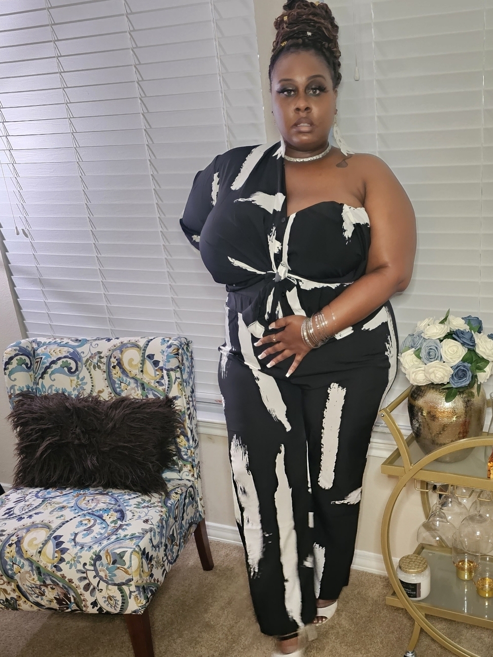 One-Shoulder Black & White Jumpsuit